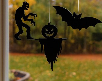 Halloween Decor – Acrylic Hanging Ornaments, Bat, Zombie, Scarecrow – Spooky Window & Wall Decoration