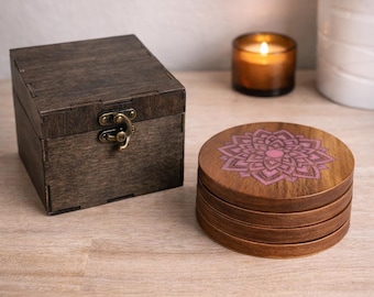 Handmade Mandala Wooden Coasters Set, Round Wood Drink Coasters, Housewarming Gift, Boho Table Decor, Gift for Mom, Free Gift Box