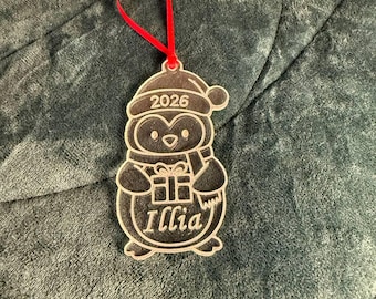 Personalized Penguin Christmas Ornament: Custom Name , Year, Acrylic