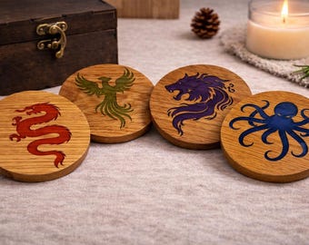 Handmade White Oak Coasters, Epoxy Resin Coasters, Mythical Design, Coasters set gift, Housewarming gift