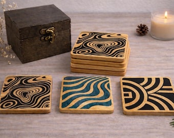 Handmade Wooden Coasters Set with Epoxy Resin, Maple Wood Drink Coasters, Modern Coaster Set, Housewarming Gift, Gift Box, Made in USA