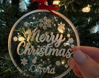 Personalized Ornament ,Merry Christmas , Tree ornament , Clear Engraved Decoration with Name, Custom Tag Gift