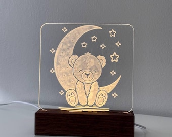 Personalized Acrylic LED Night Light: Walnut Wood Base, Custom Nursery Decor