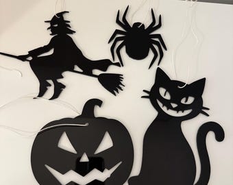 Black Acrylic Halloween Ornaments: Witch, Pumpkin, Spider, Cat Decor Set