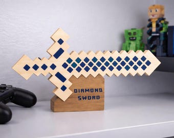 Minecraft Diamond Sword Wooden Display | Handmade Pixel Sword with Stand | Gamer Room Decor | Kids Gift | Wooden Minecraft Sword