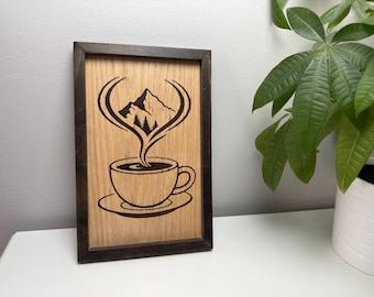 Handmade Natural Wood Wall Art, Rustic Mountain Coffee Cup Sign