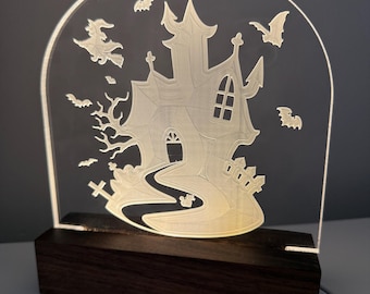 Haunted House LED Night Light: Halloween Decor with Witch & Bats