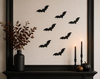 Halloween Bat Wall Decor, Set of 8 Wooden Bats, Spooky Wall Hanging, Gothic Halloween Decor, Black Bat Decorations