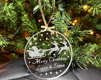 Santa Sleigh Personalized Ornament — Custom Acrylic Christmas Decoration with Family Names, Engraved Ornament
