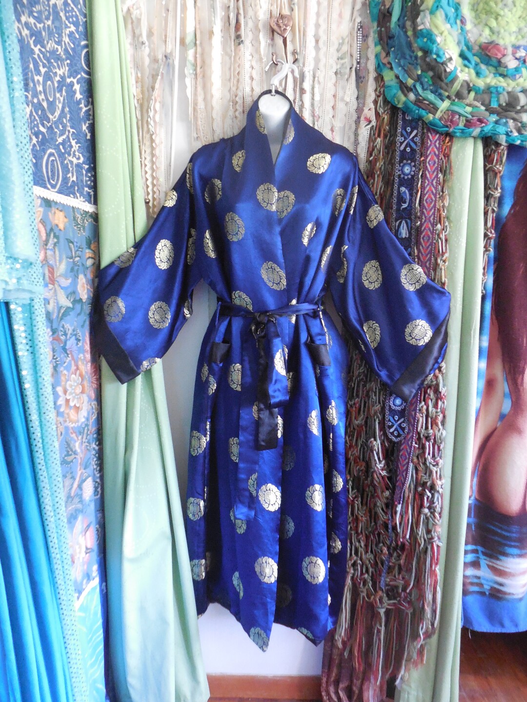 Vintage Kimono Robe Royal Blue and Gold With Black Silk - Etsy