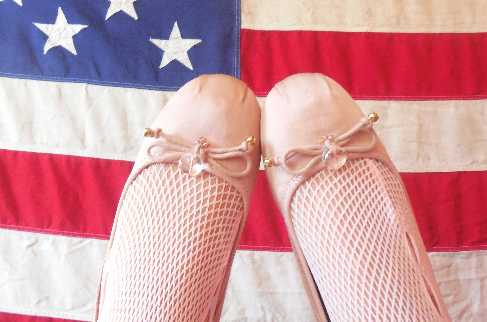 sale * twinkle toes * nude-pink hand-embroidered ballet flats with bells, crystal beads, and wrap around ties