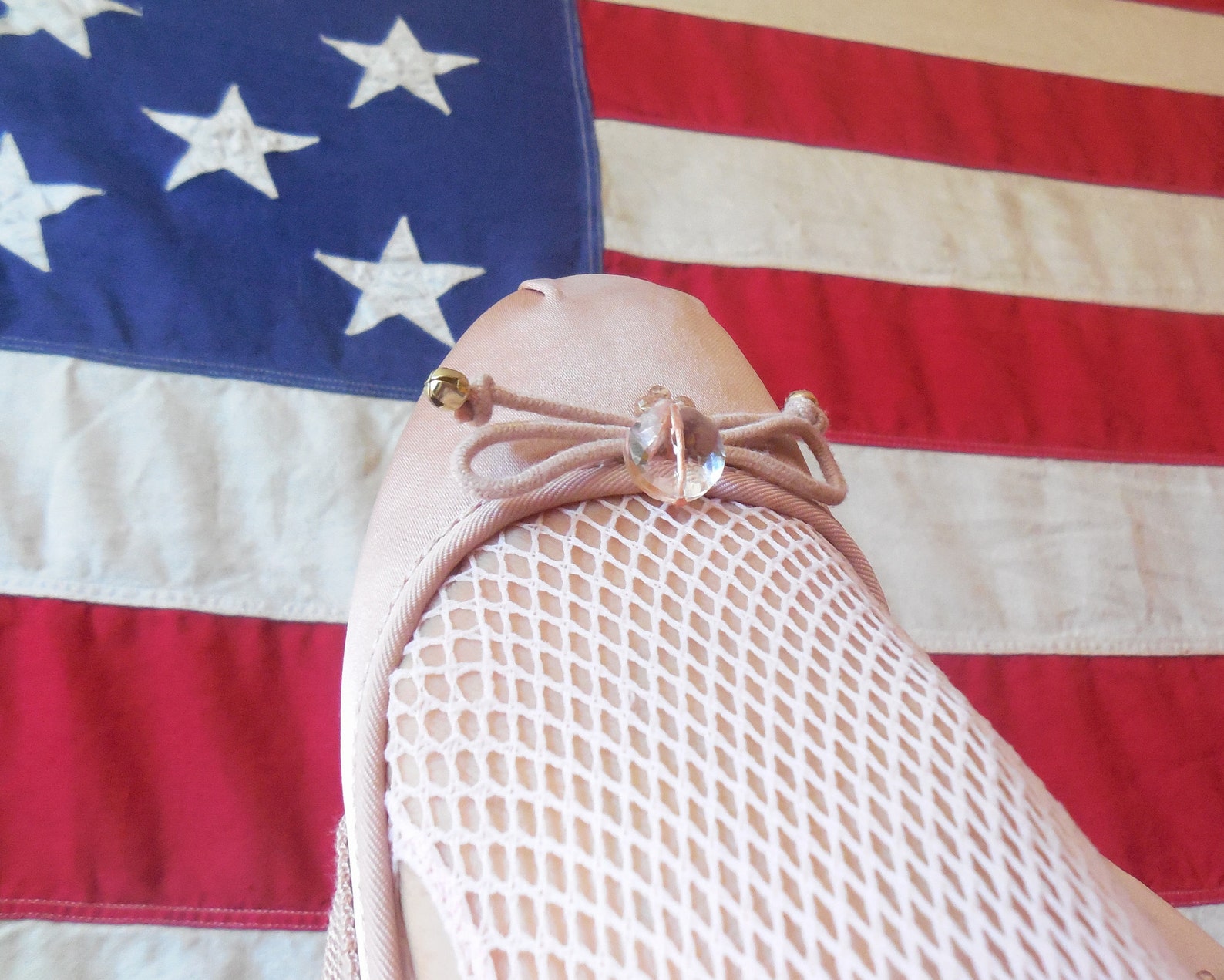 sale * twinkle toes * nude-pink hand-embroidered ballet flats with bells, crystal beads, and wrap around ties