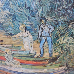 May include: An impressionistic painting depicting figures near colorful boats. The artwork features a man in blue clothing and a woman in white, with a seated figure in the foreground. The background shows lush, textured foliage.