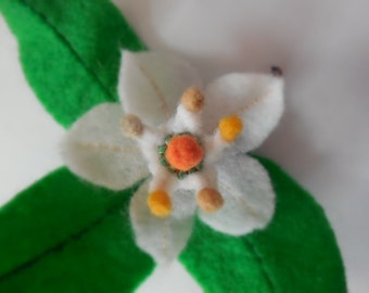 Orange Blossom Hair Clip With Leaves * Handmade eco felt flower pin * Made to Order