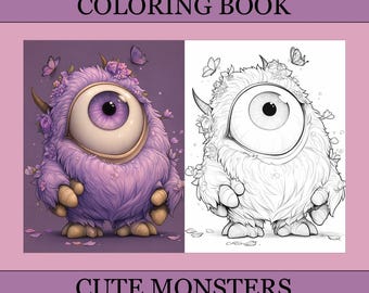 Cute Monsters Coloring Book, Halloween Coloring Pages, Cozy Magic Coloring Book For Adults and Kids, Digital Download, PDF File