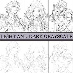 May include: A grayscale illustration featuring six panels of a male figure in various poses. The figure is depicted in detailed armor and clothing, with long hair and a sword in some panels. The text "LIGHT AND DARK GRAYSCALE" is displayed.