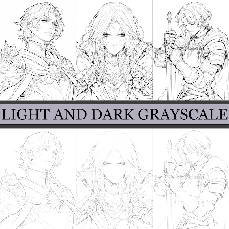 May include: A grayscale illustration featuring six panels of a male figure in various poses. The figure is depicted in detailed armor and clothing, with long hair and a sword in some panels. The text "LIGHT AND DARK GRAYSCALE" is displayed.