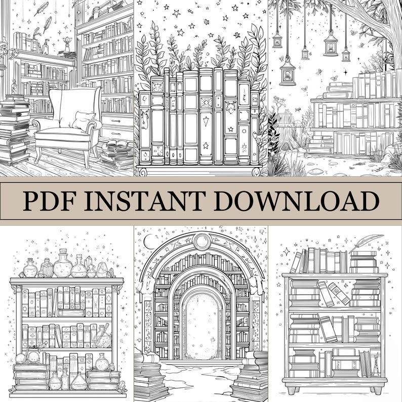 Enchanted Library Coloring Book, Magic Cute Coloring Pages, Medieval ...