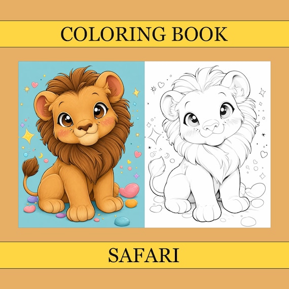 Safari Coloring Book, Cute Coloring Pages, Cozy Book For Adults and Kids, Digital Download, PDF File