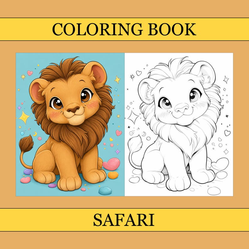 Safari målarbok, söta målarbilder, mysig bok för vuxna och barn, digital nedladdning, PDF-fil bild 1