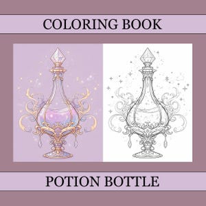 Puede incluir: Una página para colorear con un diseño de botella de poción. La botella tiene un tapón en forma de diamante y filigrana dorada. El lado izquierdo está coloreado con tonos morados y rosas, mientras que el lado derecho es un contorno en blanco y negro.