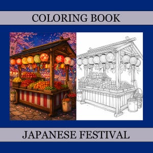 K&ouml;nnte beinhalten: Ein Malbuchcover mit einer japanischen Festivalszene. Die farbenfrohe Illustration zeigt einen Obststand mit Laternen, K&ouml;rben und einer Vielzahl von Fr&uuml;chten. Der Text "COLORING BOOK" und "JAPANESE FESTIVAL" wird angezeigt.