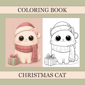 May include: A coloring book titled "COLORING BOOK" features a Christmas cat illustration. The cat wears a Santa hat and scarf, with a gift box beside it. The image is split, with a colored version on the left and a black and white outline on the right.