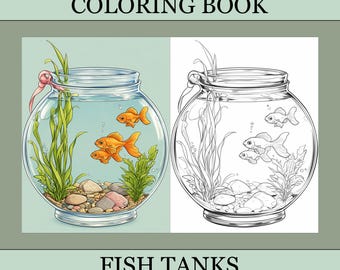 Fish Tanks Coloring Book, Cute Coloring Pages, Cozy Book For Adults and Kids, Digital Download, PDF File