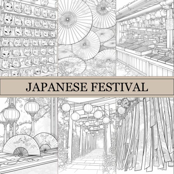 Japanese Festival Coloring Book, Cute Coloring Pages, Anime Cozy Book For Adults and Kids, Digital Download, PDF File
