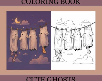 Kleurboek met schattige spookjes, Halloween kleurplaten, gezellig magisch kleurboek voor volwassenen en kinderen, digitale download, PDF-bestand