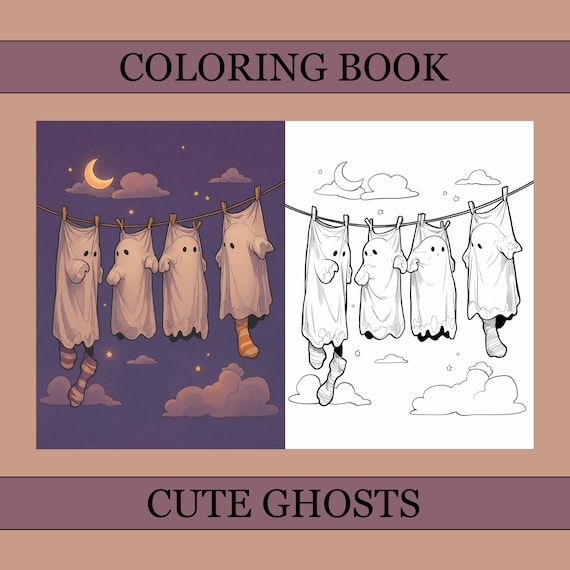 Cute Ghosts Coloring Book, Halloween Coloring Pages, Cozy Magic Coloring Book For Adults and Kids, Digital Download, PDF File