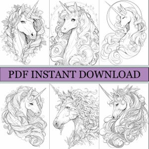 May include: A collection of six black and white unicorn illustrations with flowing manes and detailed floral and star accents. The text "PDF INSTANT DOWNLOAD" is displayed in a purple banner across the image. These images are suitable for coloring or digital art projects.