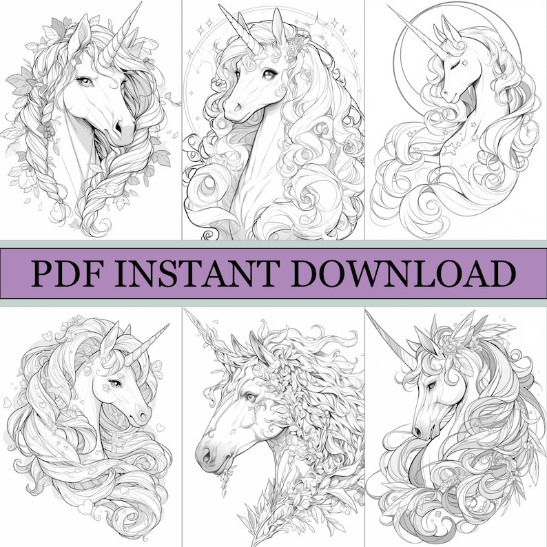 May include: A collection of six black and white unicorn illustrations with flowing manes and detailed floral and star accents. The text "PDF INSTANT DOWNLOAD" is displayed in a purple banner across the image. These images are suitable for coloring or digital art projects.