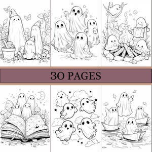 May include: Black and white illustrations of friendly ghosts in various scenes. Some ghosts are near a campfire, others are in boats, and some are near a large open book. The text "30 PAGES" is displayed.