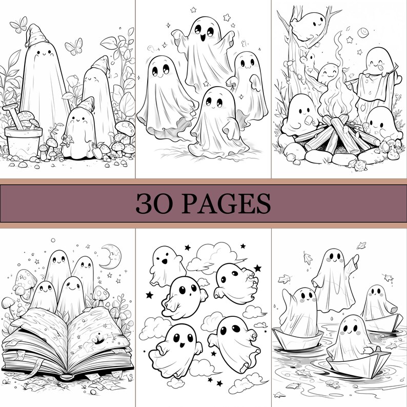 May include: Black and white illustrations of friendly ghosts in various scenes. Some ghosts are near a campfire, others are in boats, and some are near a large open book. The text "30 PAGES" is displayed.