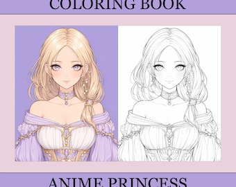 Anime-Prinzessinnen-Malbuch, niedliche Ausmalbilder, gemütliches Anime-Malbuch für Erwachsene und Kinder, digitaler Download, PDF-Datei