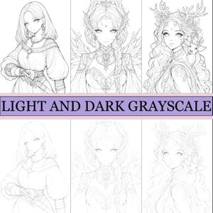 May include: A grayscale illustration featuring six portraits of anime-style women. The women are adorned with detailed clothing and accessories, including ornate headpieces and jewelry. The text "LIGHT AND DARK GRAYSCALE" is displayed across the image.