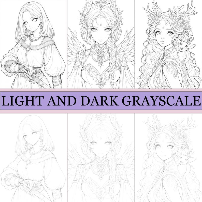 May include: A grayscale illustration featuring six portraits of anime-style women. The women are adorned with detailed clothing and accessories, including ornate headpieces and jewelry. The text "LIGHT AND DARK GRAYSCALE" is displayed across the image.