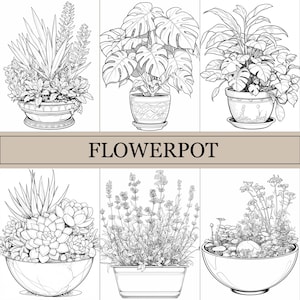 Op de afbeelding: Een verzameling van zes zwart-witte lijntekeningen van verschillende planten in bloempotten. De planten omvatten vetplanten, lavendel en een monstera. Het woord "FLOWERPOT" staat in vetgedrukte letters in het midden van de afbeelding.