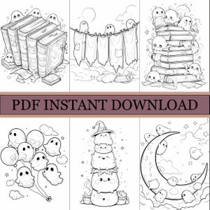 May include: Black and white line art illustrations of ghosts in various scenes. Ghosts are depicted with books, hanging on a clothesline, and stacked on top of each other. The text "PDF INSTANT DOWNLOAD" is also present.