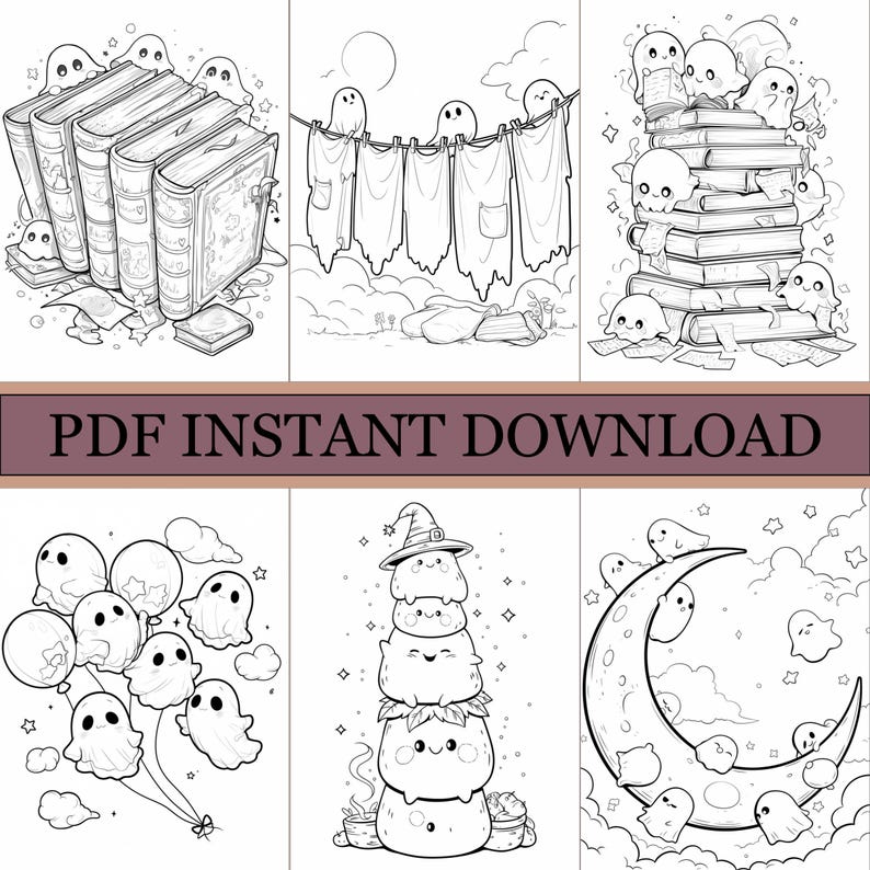 May include: Black and white line art illustrations of ghosts in various scenes. Ghosts are depicted with books, hanging on a clothesline, and stacked on top of each other. The text "PDF INSTANT DOWNLOAD" is also present.