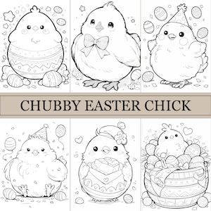 May include: Six black and white illustrations of cartoon Easter chicks. The chicks are depicted in various poses, including holding Easter eggs, wearing party hats, and sitting in baskets. The illustrations are perfect for coloring pages or other creative projects.