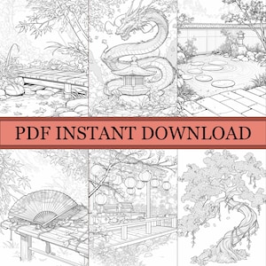 May include: Black and white line art illustrations of Japanese garden scenes. The images include a bridge, a dragon, a pagoda, a pond with stepping stones, a fan, a tea house, and a bonsai tree. Text reads "PDF INSTANT DOWNLOAD."