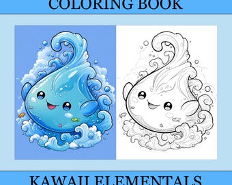 Kawaii Elementals Coloring Book, Cute Coloring Pages, Cozy Magic Book For Adults and Kids, Digital Download, PDF File