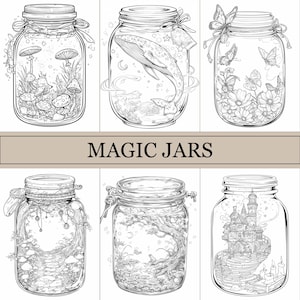 May include: Six black and white illustrations of glass jars with various magical scenes inside. The jars are labelled "MAGIC JARS".