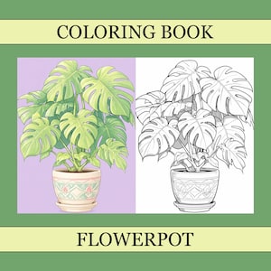 以下が含まれることがあります： モンステラ植物のイラストが描かれた塗り絵。左側は着色された画像、右側は同じ植物の白黒線画です。装飾的な植木鉢に入ったモンステラ植物のイラストです。