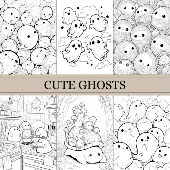 Cute Ghosts Coloring Book, Halloween Coloring Pages, Cozy Magic Coloring Book For Adults and Kids, Digital Download, PDF File