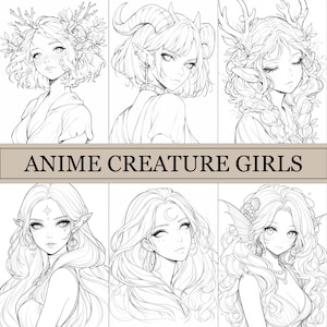 May include: A collection of six anime-style illustrations of fantasy creature girls. Each portrait features a different character with unique features, including horns, antlers, and elaborate hairstyles. The text "ANIME CREATURE GIRLS" is displayed across the image.