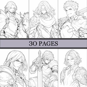 May include: A collection of six black and white illustrations of anime-style characters in armor and fantasy attire. The text "30 PAGES" is displayed across the center of the image. The illustrations feature detailed line art.