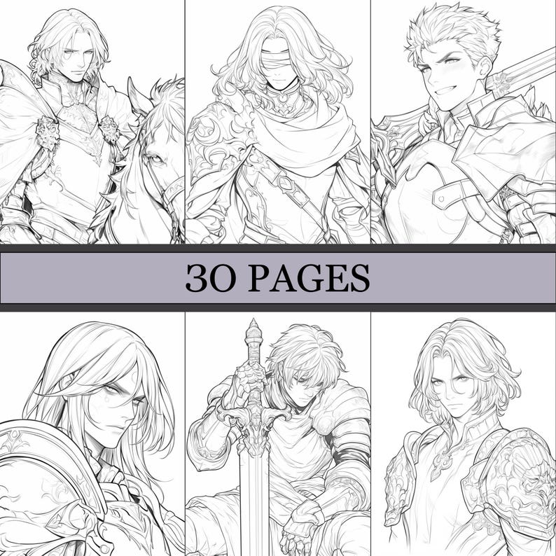 May include: A collection of six black and white illustrations of anime-style characters in armor and fantasy attire. The text "30 PAGES" is displayed across the center of the image. The illustrations feature detailed line art.